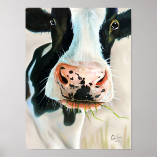 Poster Peinture noire et blanche de portrait de vache