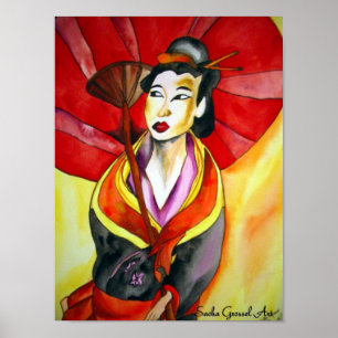 Poster peinture originale d'aquarelle japonaise Geisha