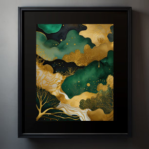Poster Peinture Paysage Abstrait Gold Green II