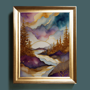 Poster Peinture Paysage Abstrait Or Bleu pourpre
