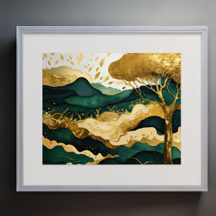 Poster Peinture Paysage Abstrait Vert or