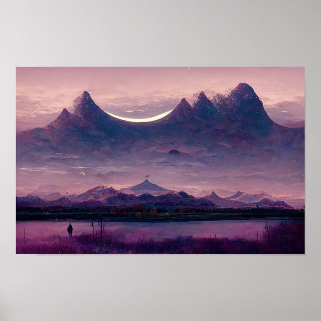 Poster Peinture paysage de montagne violet (Devant)
