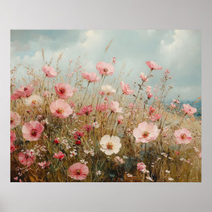 Poster Peinture paysagère de fleurs sauvages rose tendre