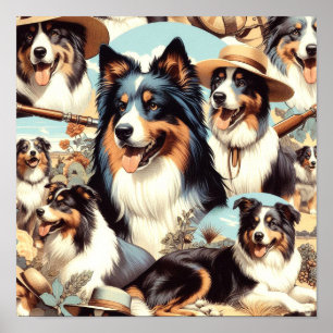 Poster Peinture rétro Australian Shepherd sans couture