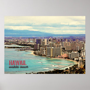 Poster Peinture rétro Hawaii Waikiki Beach