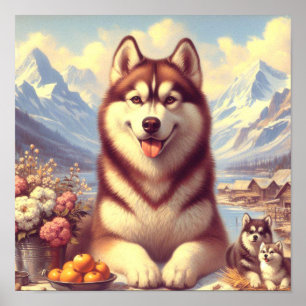 Poster Peinture rétro Sibérienne Husky
