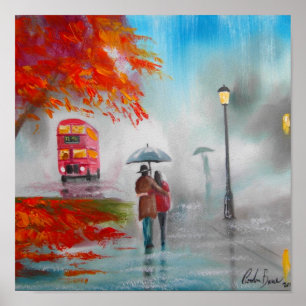 Poster Peinture rouge de parapluie d'autobus d'automne de