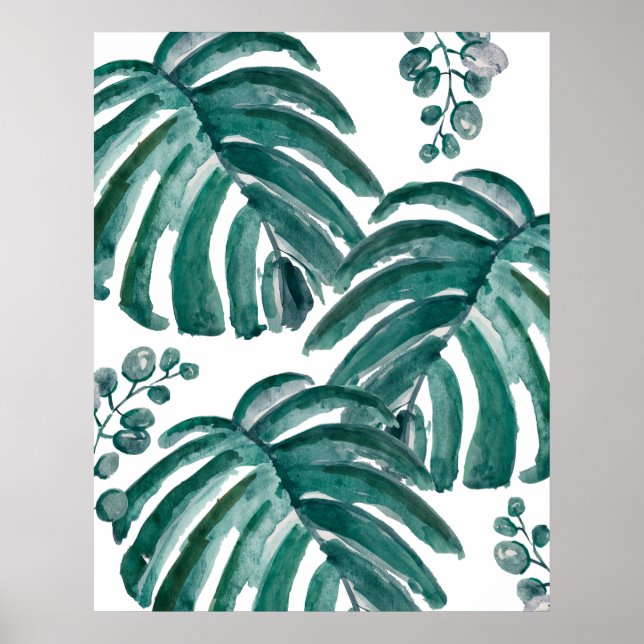 Poster Peinture tropicale à feuilles vertes botaniques (Devant)