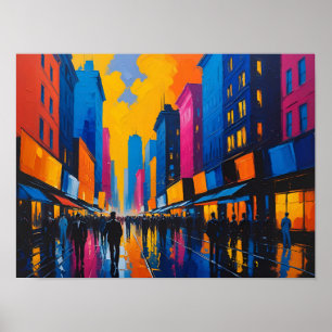 Poster Peinture vibrante de rue de ville nocturne