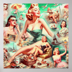 Poster Peinture vintage à l'huile Collage Pin Up
