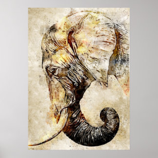 Poster Peinture vintage aquarelle de la tête d'éléphant