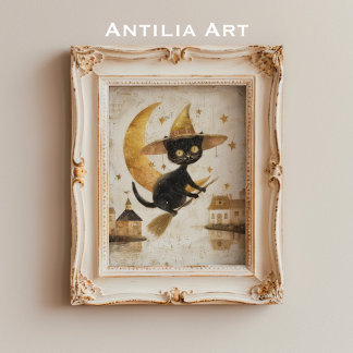 Poster Peinture vintage de chats noirs Volant Lune d'Hall