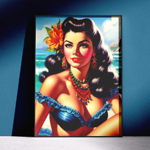 Poster Peinture vintage de pin-up de plage