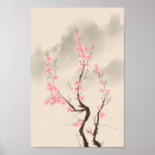Poster Peinture vintage de style chinois vert rose