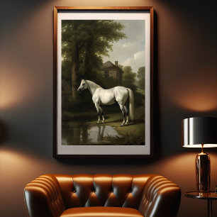 Poster Peinture vintage équestre blanche Cheval