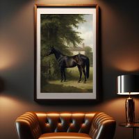 Peinture vintage Equestre Chasseur Noir Cheval