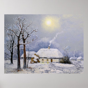 Poster Peintures à l'huile paysage rural. Hiver. Vieux vi