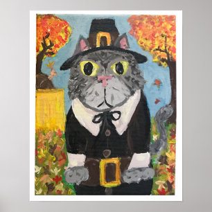 Poster Pèlerin Chat Folk Art Thanksgiving Chat Peinture d