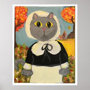 Poster Pèlerin Chat Thanksgiving Girl Peinture Art popula