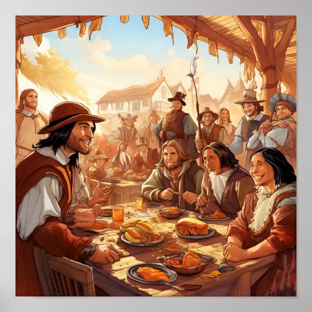 Poster Pèlerins partageant le repas de Thanksgiving avec  (Devant)