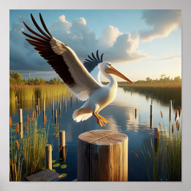 Poster Pélican blanc américain gracieux dans les zones hu (Devant)