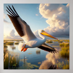 Poster Pélican blanc américain gracieux dans les zones hu
