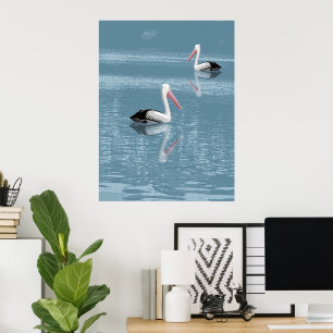 Poster Pélican Couple pagayage sur Eau Bleue Calme