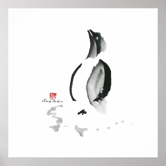 Poster Penguin de Noël, Sumi-e (Devant)