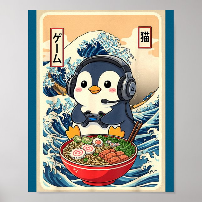 Poster Penguin Kawaii Japanese Ramen Noodle Retro Gaming  (Devant)