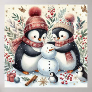 Poster Penguins Construisant Un Snowman
