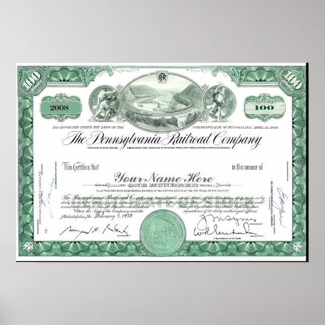 Poster Pennsylvania Railroad CUSTOM Certificat Stock Pos (Devant)