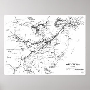 Poster Pennsylvania Railroad Electrified Lines Map 1956