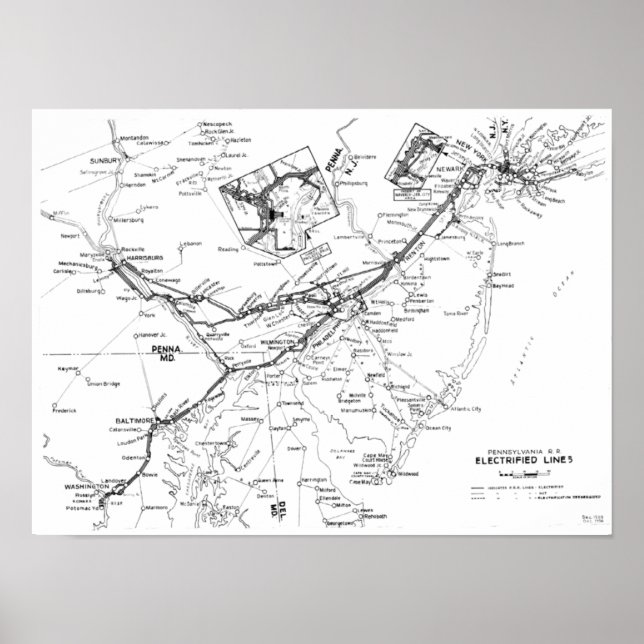Poster Pennsylvania Railroad Electrified Lines Map 1956 (Devant)
