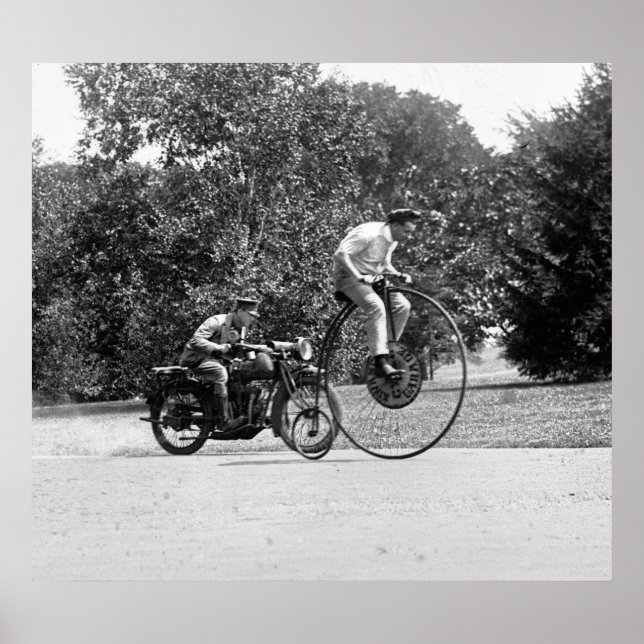Poster Penny Farthing vs Motorcycle, années 1920 (Devant)