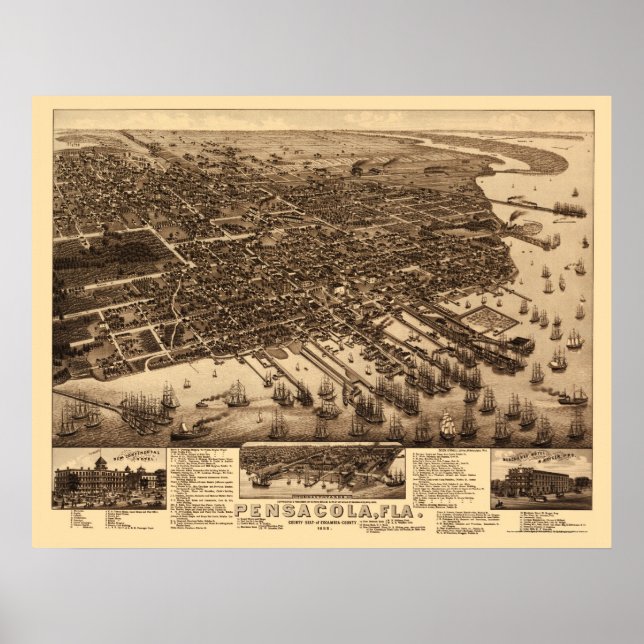 Poster Pensacola, FL Carte panoramique - 1885 (Devant)