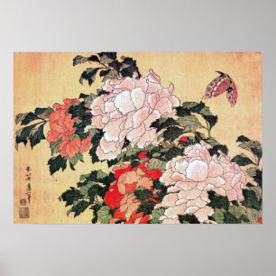 Poster Peonies et papillons Hokusai