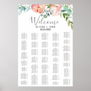 Poster Peonies romantiques Grande carte de siège alphabét