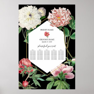 Poster Peonies roses Fleurs Mariage Black Seating Chart