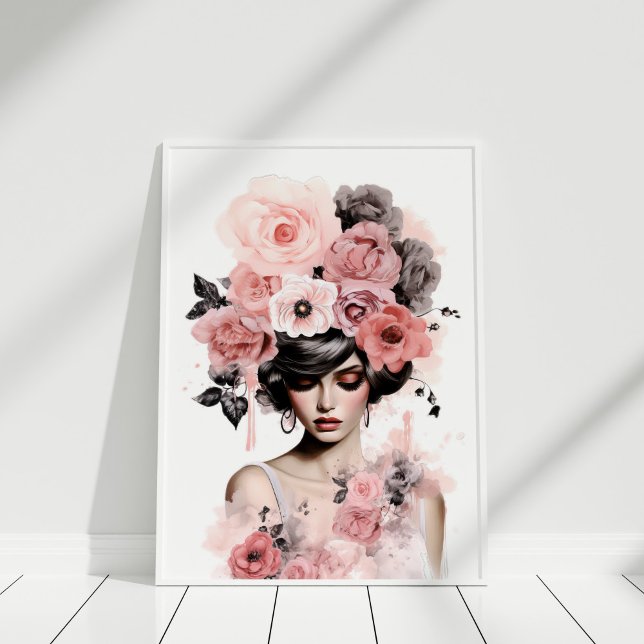 Poster Peonies roses poussiéreuses Portrait de mode flora (Dusty Pink Peonies Floral Fashion Portrait Poster in a white frame)