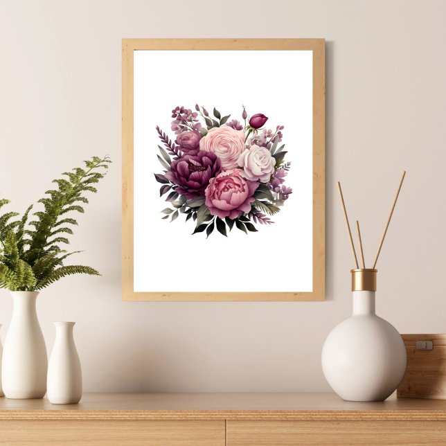 Poster Peonies Roses rose blanc violet Floral Flower (Pink purple peonies and roses wall art poster print.  Elegant )