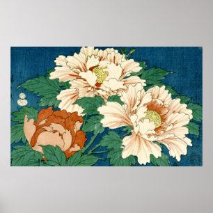 Poster Peonies vintages sur Bleu