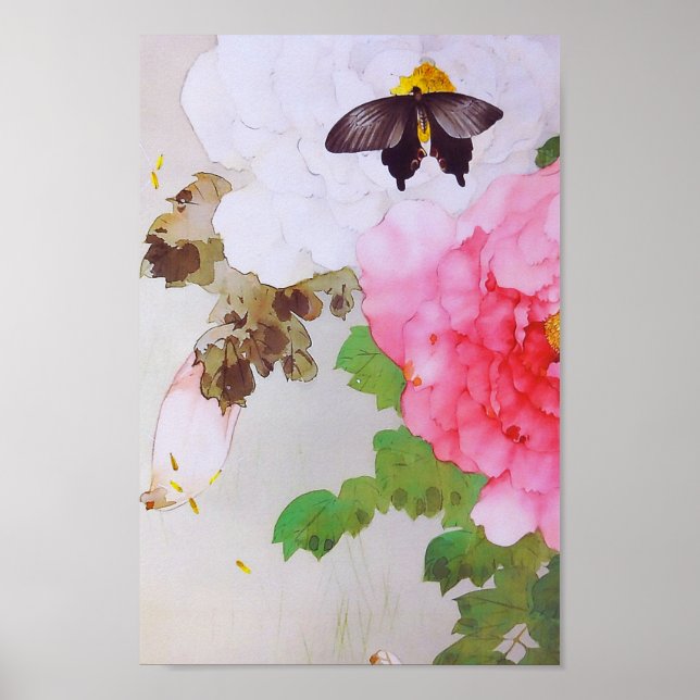 Poster Peony et papillon (détail), Watanabe Seitei (Devant)