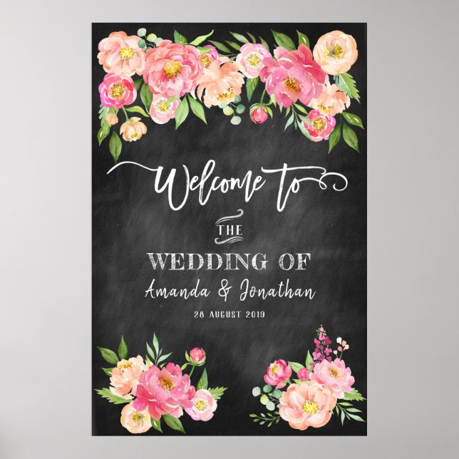 Poster Peony Flowers Chalkboard Bienvenue À Notre Mariage (Devant)