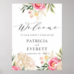 Poster Peony or fleurs Boho Mariage Bienvenue