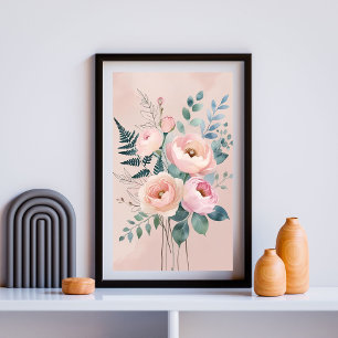 Poster Peony romantique & Fermer Watercolor Wall Art I