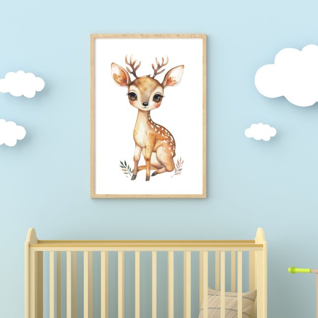 Poster Pépinière d'aquarelle de cerf de bébé Imprimer num (Baby Deer Woodland Animal Baby Nursery Print. Digital Download or Printed from Zazzle. up to 30x40 )