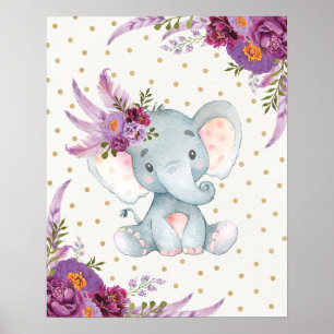 Poster Pépinière d'éléphants floraux violets Art Boho Dec
