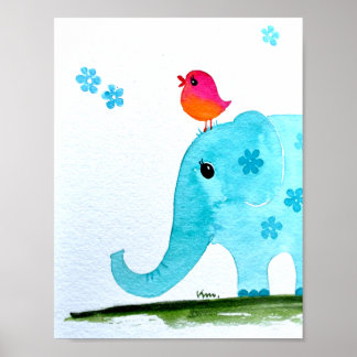 Poster Pépinière wallart_ aquarelle Éléphant et oiseau ro