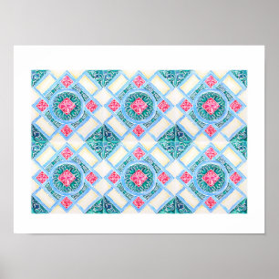 Poster Peranakan Carreaux géométriques Turquoise