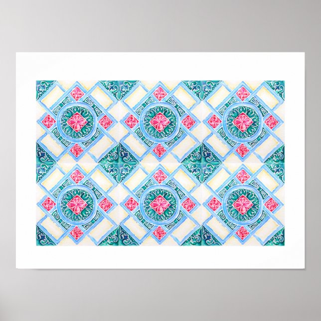 Poster Peranakan Carreaux géométriques Turquoise (Devant)